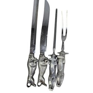 Vintage Bruce Fox Solingen Germany Bull Steer Carving Set 4pc Chrome Steel MCM